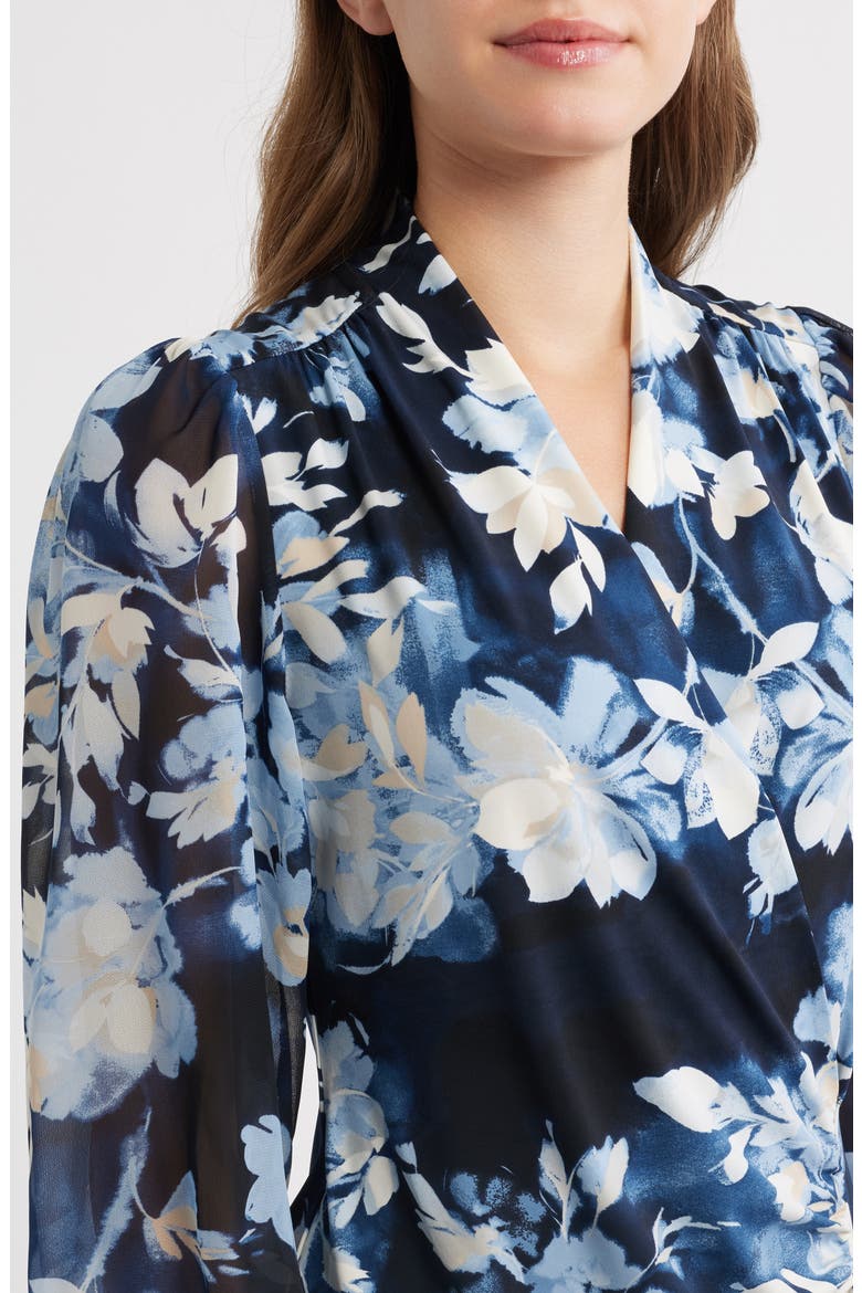 Floral Mix Media Faux Wrap Top, Alternate, color, DUTCH BLUE MULTI