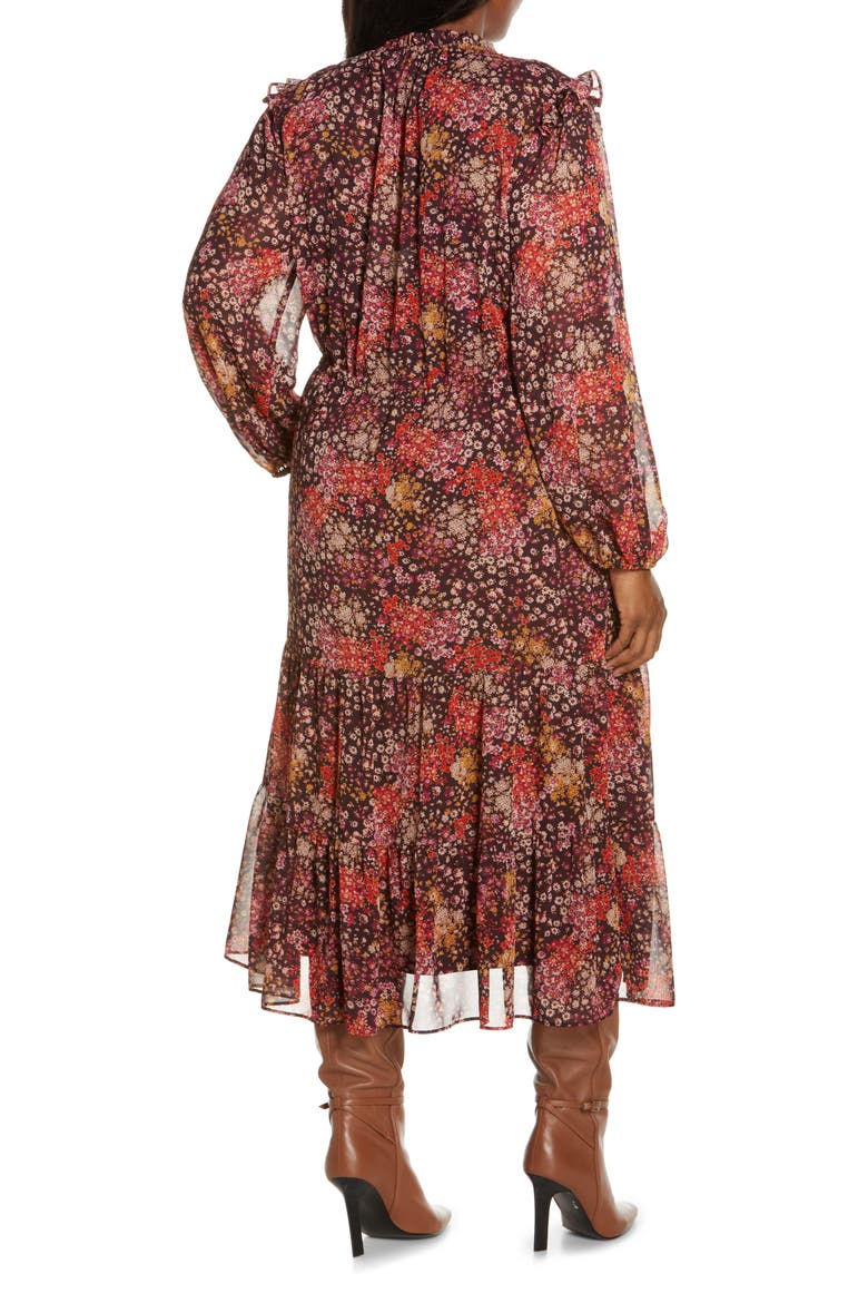 Tiered Long Sleeve Tie Waist Dress, Alternate, color, BROWN MULTI