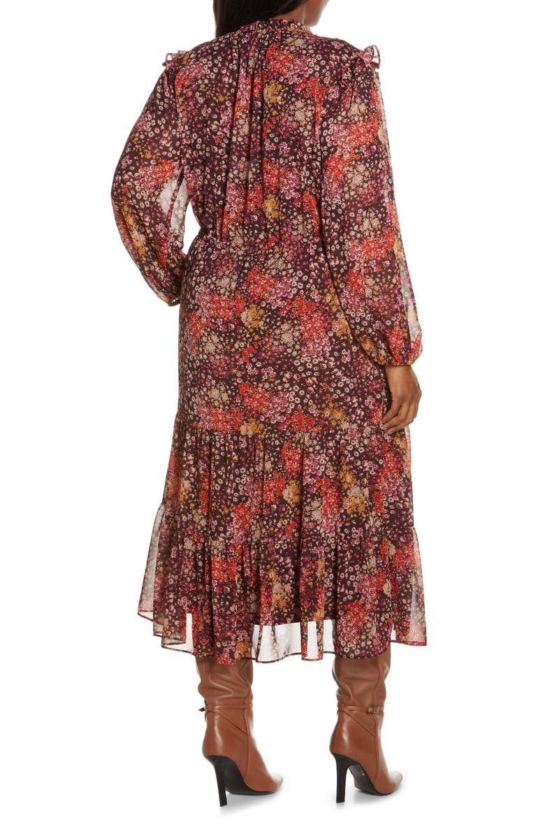 Julia Jordan Tiered Long Sleeve Tie Waist Dress, Alternate, color, Brown Multi
