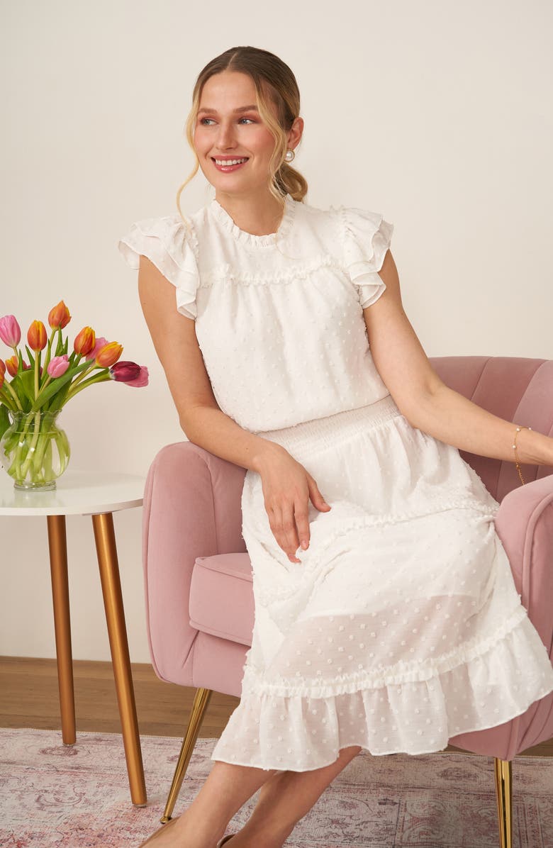 CeCe Clip Dot Flutter Sleeve Midi Dress, Alternate, color, Soft Ecru