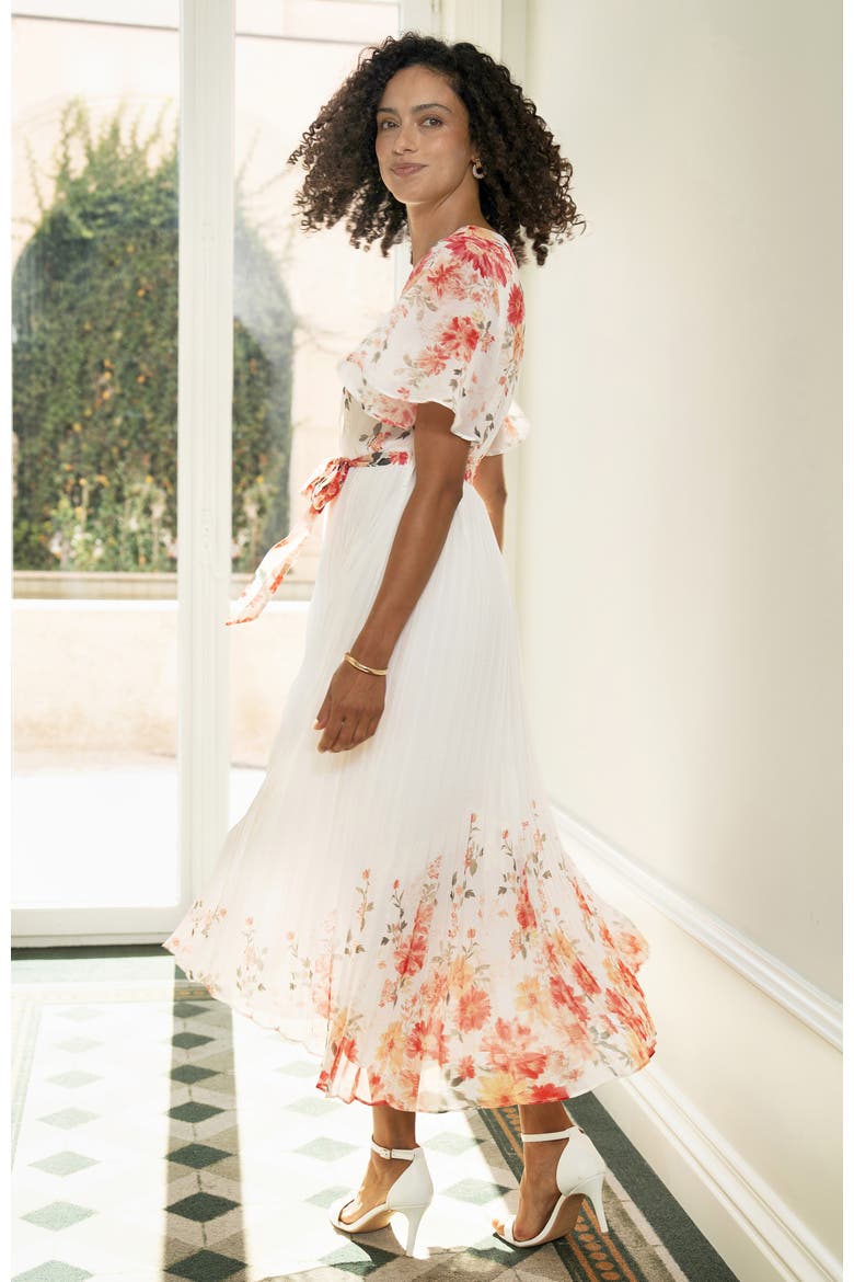 Short Sleeve Pleated Midi Dress, Alternate, color, White, Coral