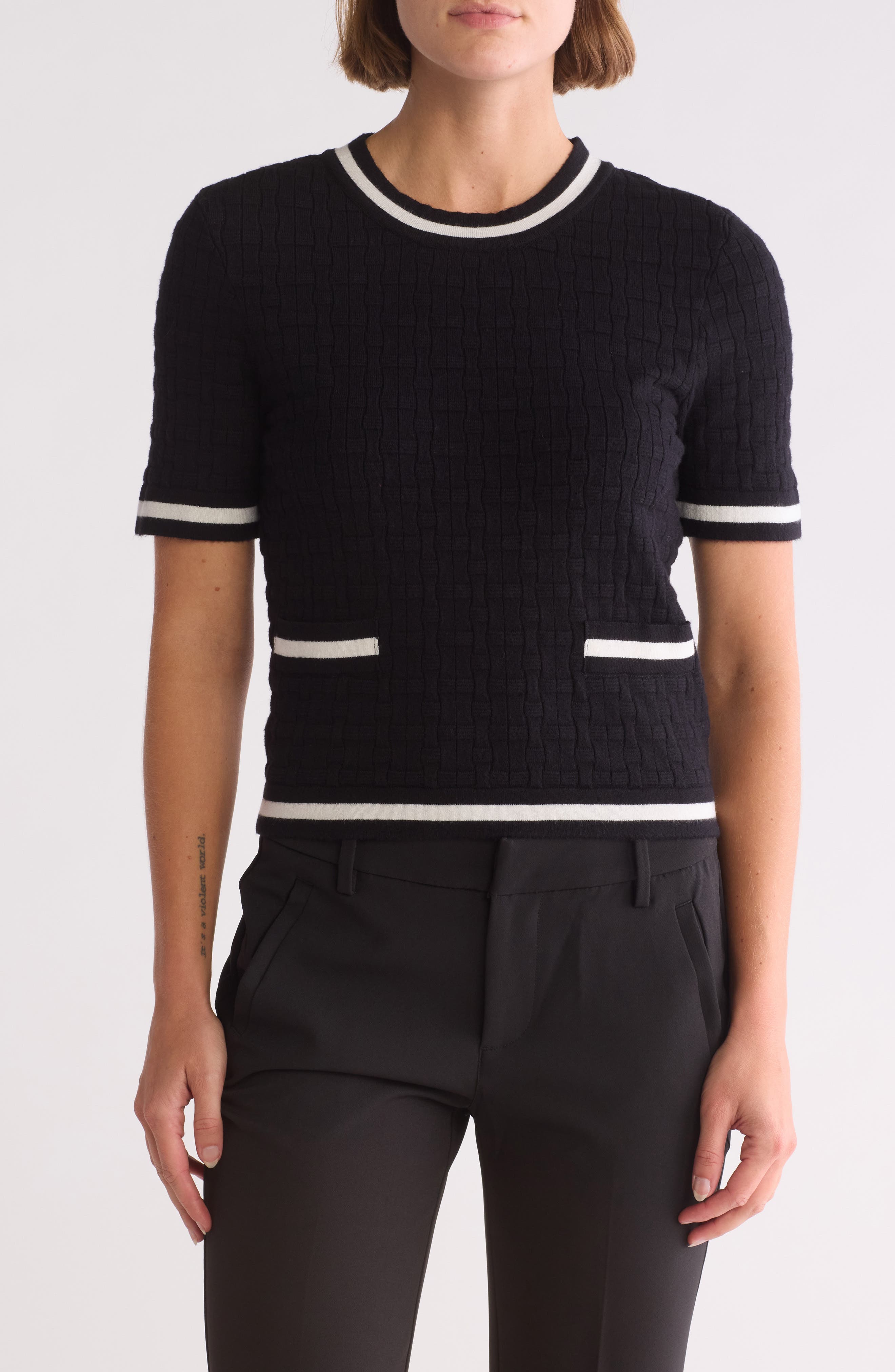 Ellen Tracy Tipped Short Sleeve Crop Sweater
