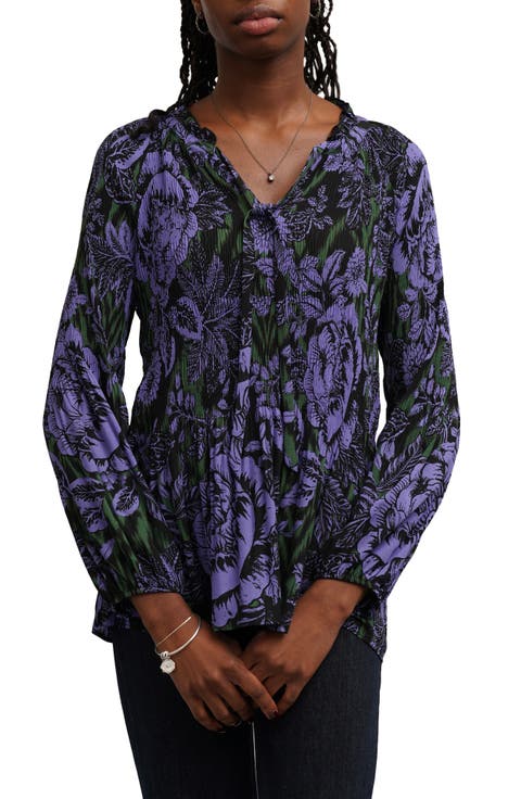 Floral Ruffle Neck Plissé Blouse
