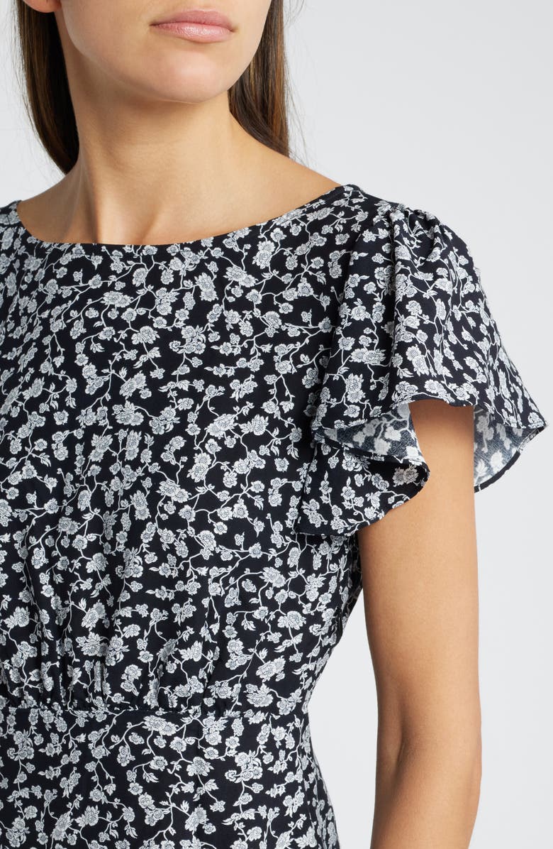 Faithfull the Brand Valrus Floral Print Flutter Sleeve Minidress, Alternate, color, Amaryllis Floral Black/ White
