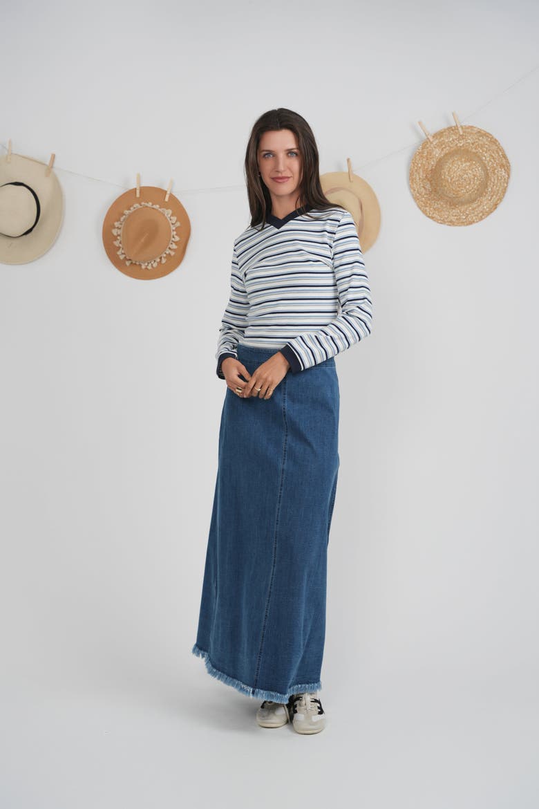 Striped V-Neck Contrast Long Sleeve Tee, Alternate, color, Dark Denim