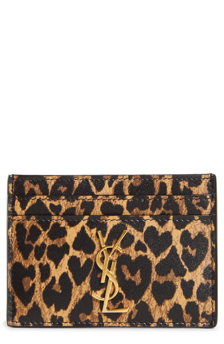 Saint Laurent YSL Monogram Leopard Print Leather Card Case, Main, color,