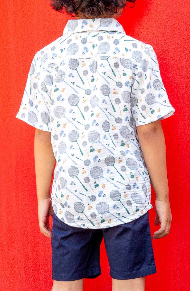 Miki Miette Kids' Jerry Racket Print Short Sleeve Cotton Button-Up Shirt, Alternate, color, Badminton