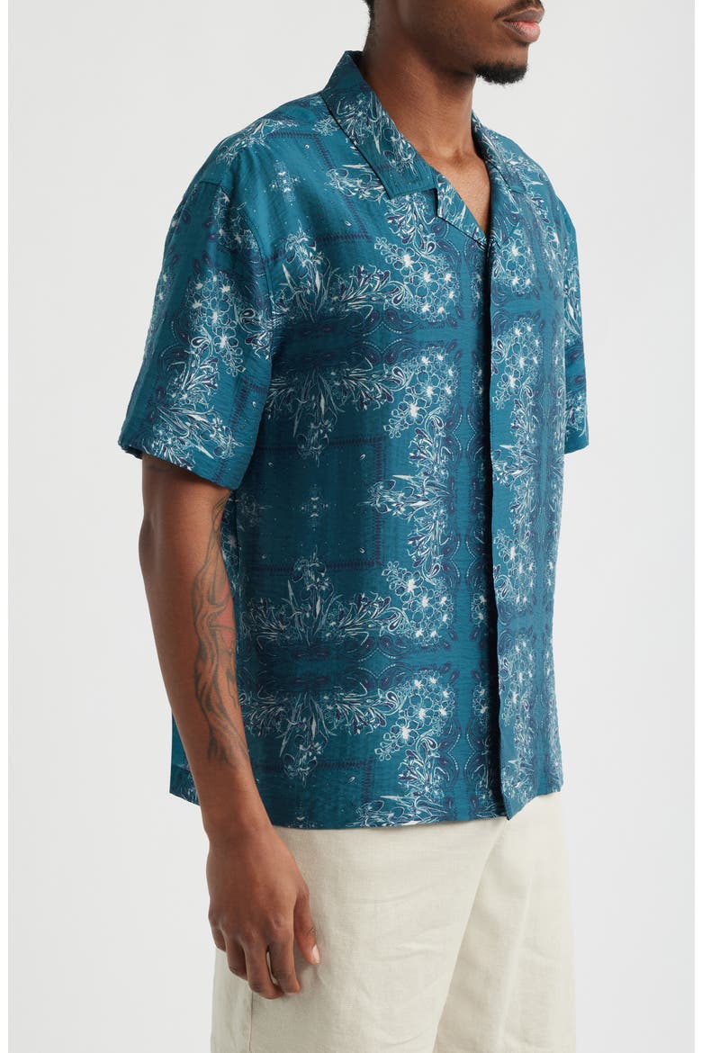 Floral Print Short Sleeve Button-Up Shirt, Alternate, color, TEAL FRAMED FLORAL