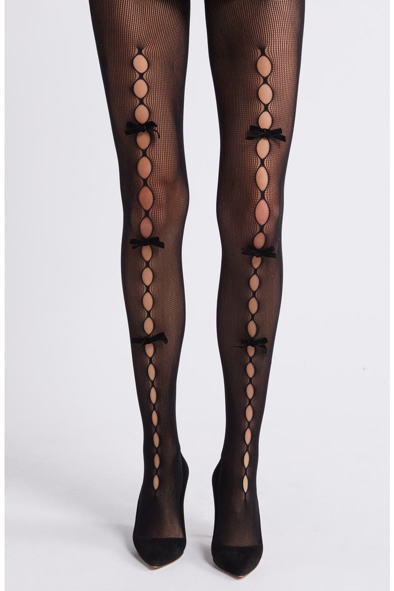 Velvet Bow Cutout Tights, Main, color, BLACK