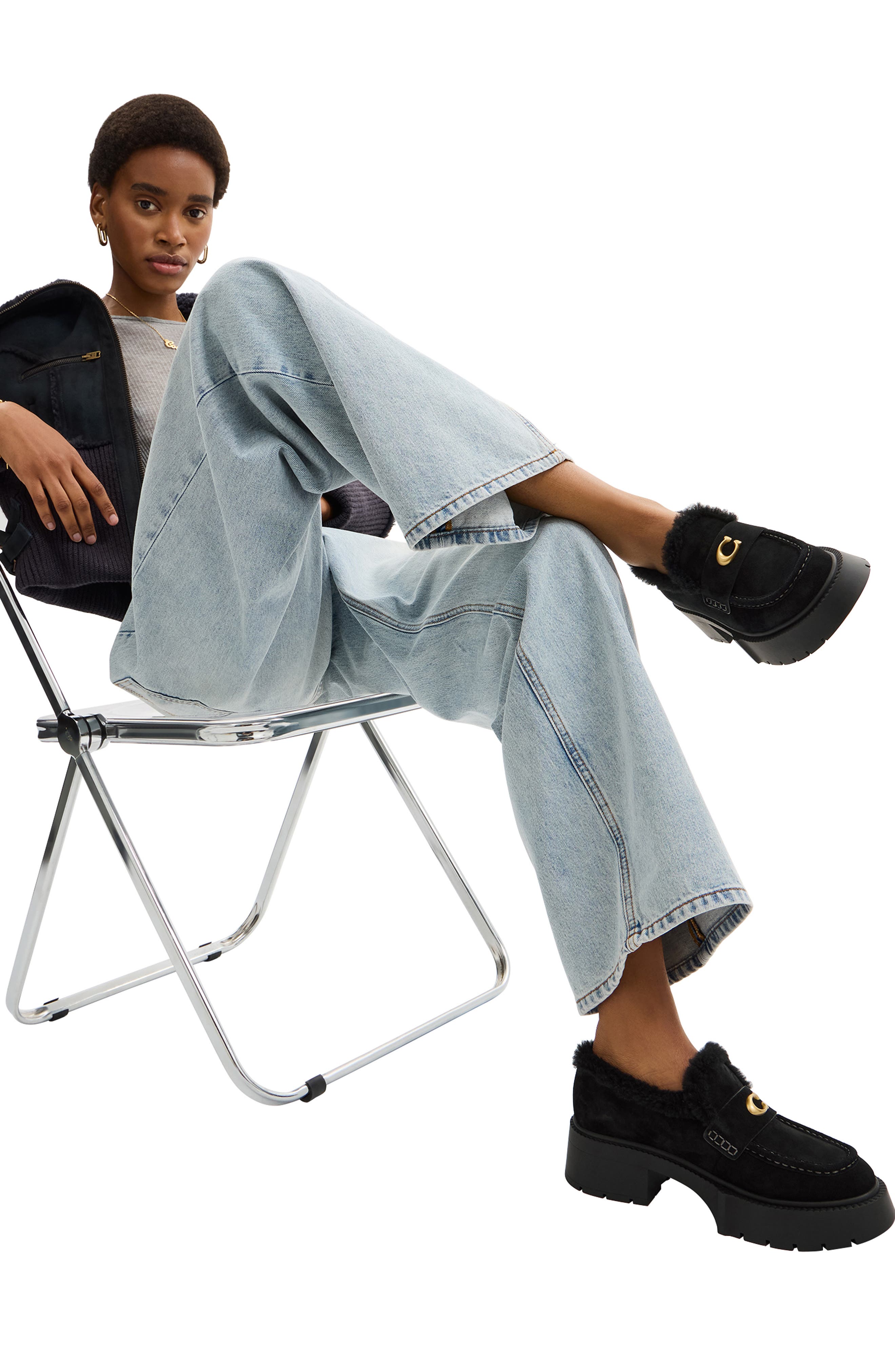 COACH Leah Genuine Shearling Trim Platform Loafer, Alternate, color, Black