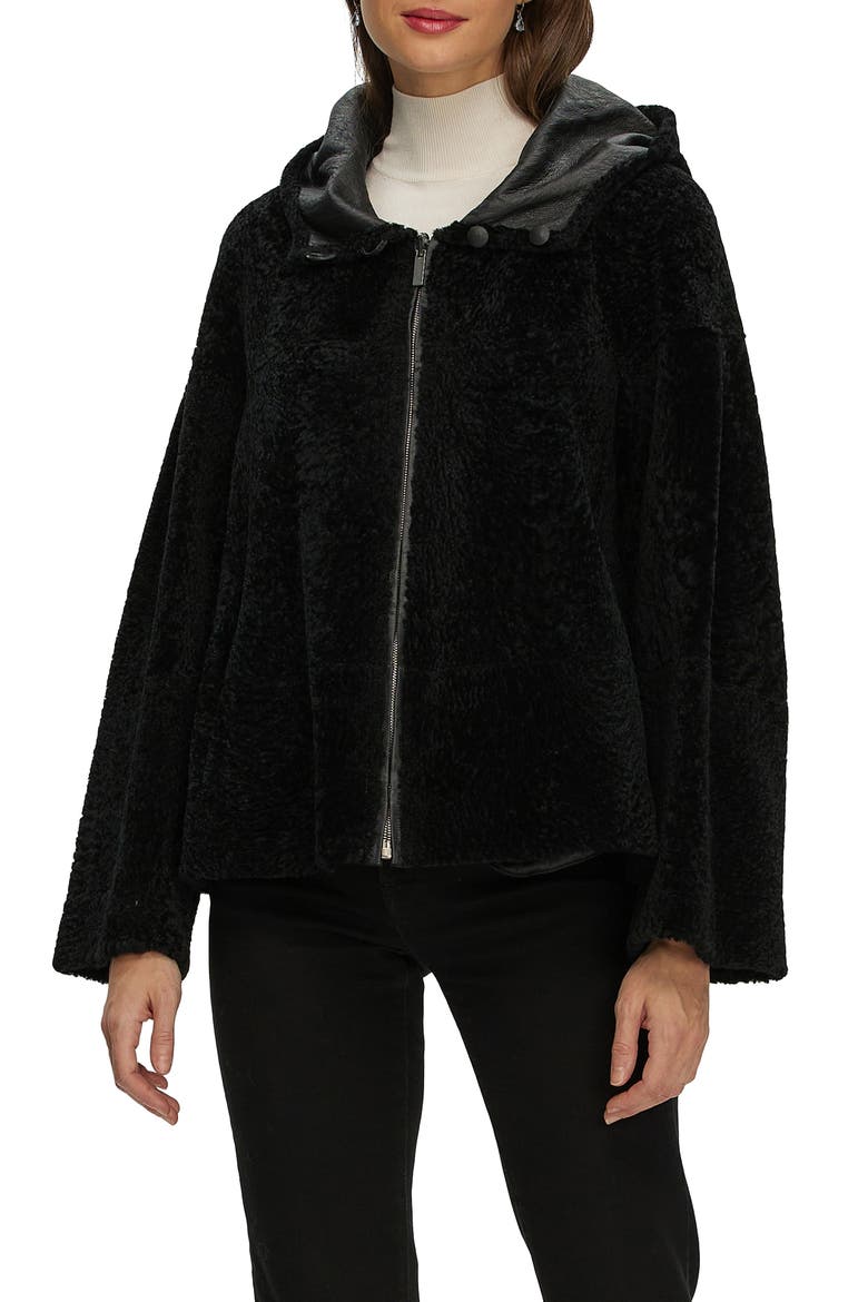Genuine Shearling Zip Hooded Jacket, Rev, Alternate, color, BLACK