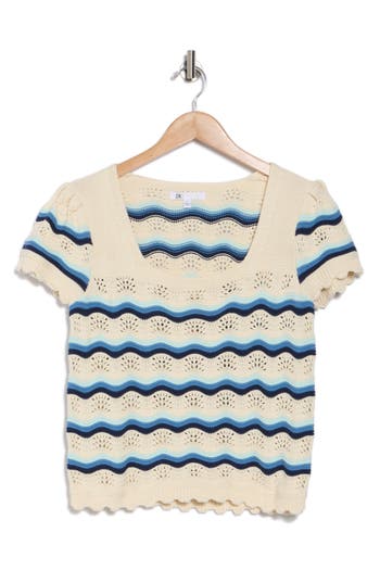 Dr2 By Daniel Rainn Wavy Stripe Short Sleeve Crop Sweater In Blue