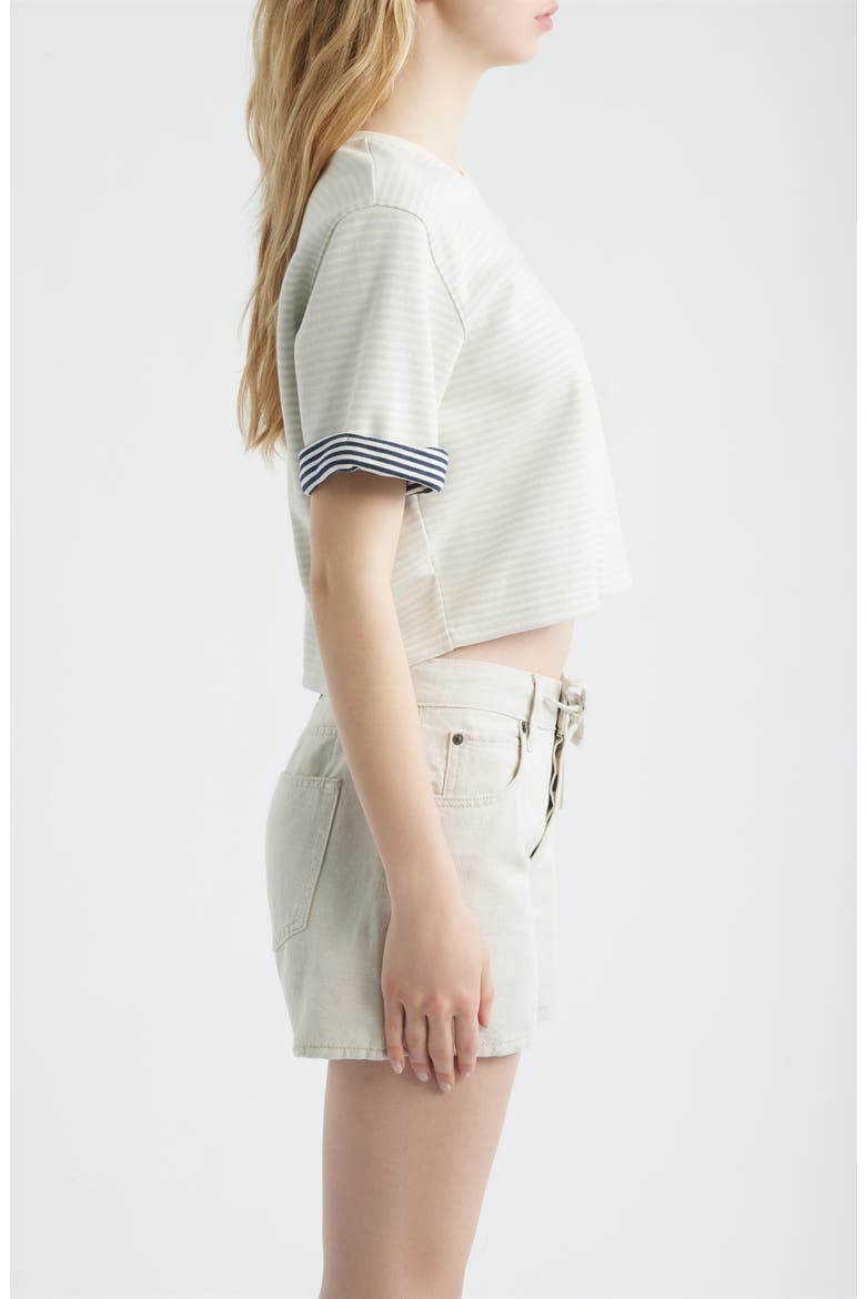 The Stripe Cuff Cotton Blend crop T-Shirt, Alternate, color, CREAM MULTI