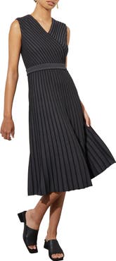 Ming Wang Stripe Sleeveless Midi Sweater Dress