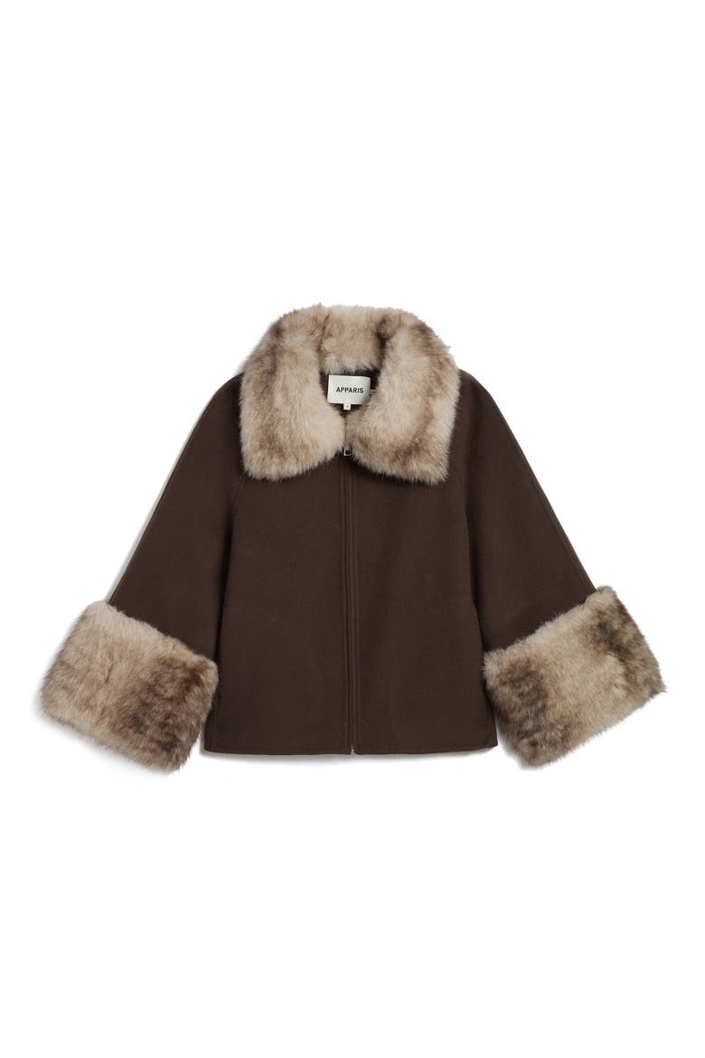 Judie Faux Fur Trim Coat, Alternate, color, BROWN/ GREY MINK