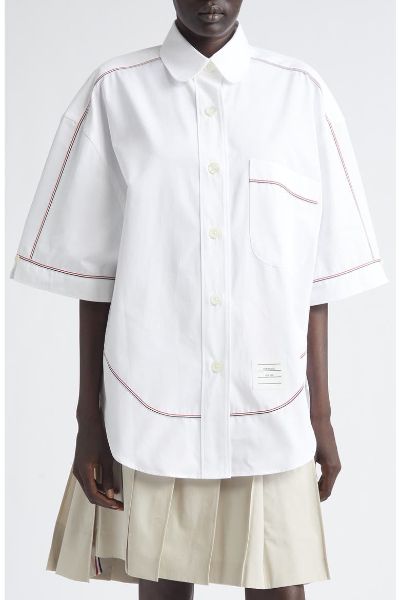 Supersize Tricolor Trim Short Sleeve Button-Up Shirt, Main, color, WHITE