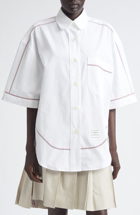 Supersize Tricolor Trim Short Sleeve Button-Up Shirt