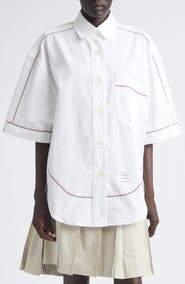 Thom Browne Supersize Tricolor Trim Short Sleeve Button-Up Shirt
