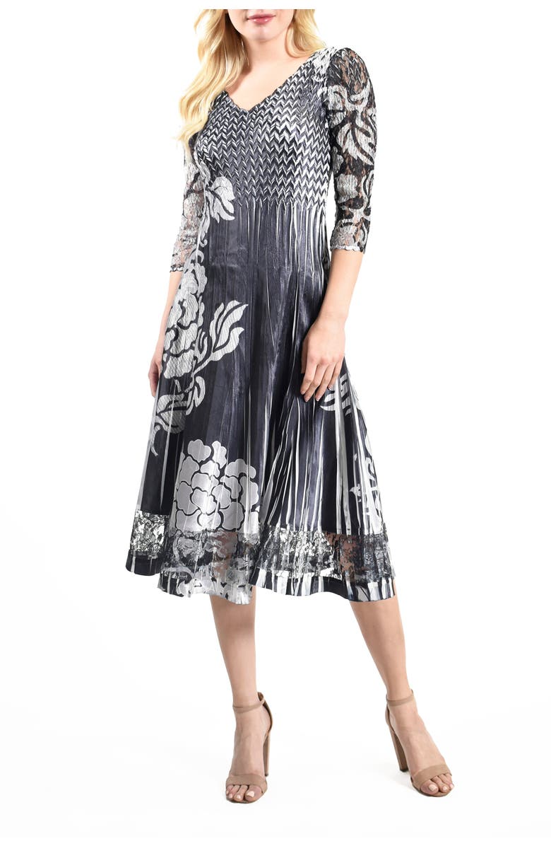 Komarov Silver Stencil Printed Charmeuse 3/4 Sleeve Dress, Main, color, Black/Silver Brocade