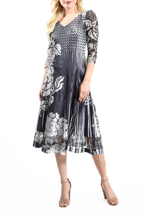Silver Stencil Printed Charmeuse 3/4 Sleeve Dress