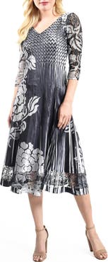Komarov Silver Stencil Printed Charmeuse 3/4 Sleeve Dress