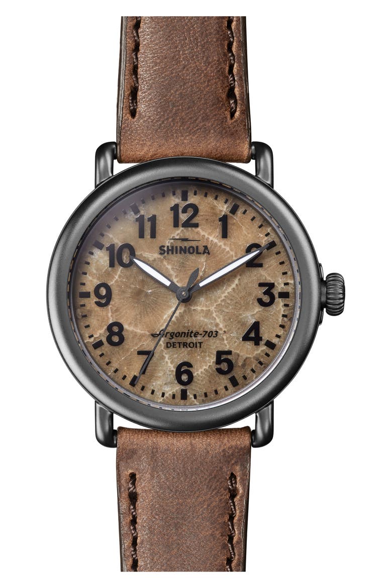 Runwell Petoskey Leather Strap Watch, 41mm, Main, color, PETOSKEY