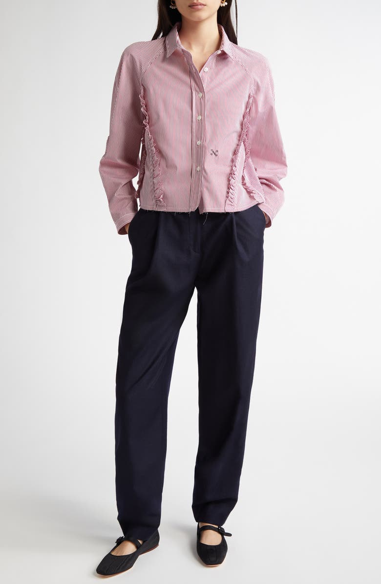 NACKIYÈ Ruffle Cotton Button-Up Shirt, Alternate, color, Burgundy Stripe