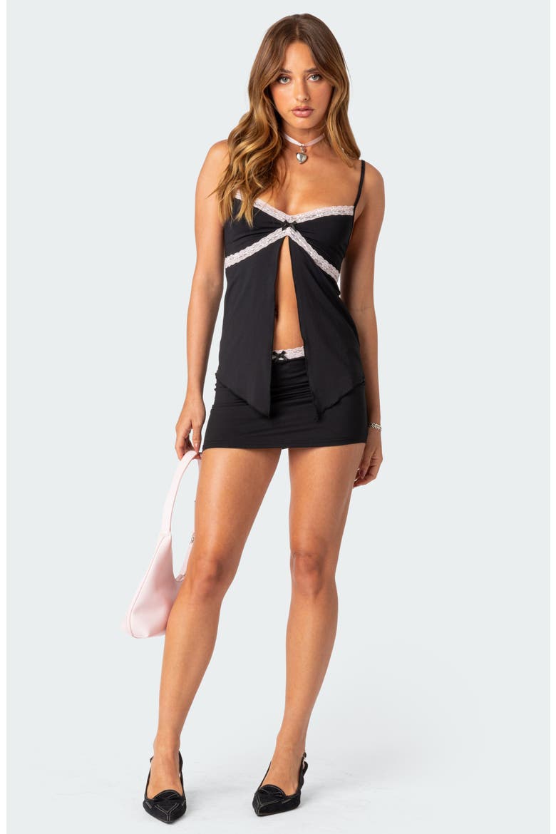 Sorely Lace Trim Split Front Camisole, Alternate, color, BLACK