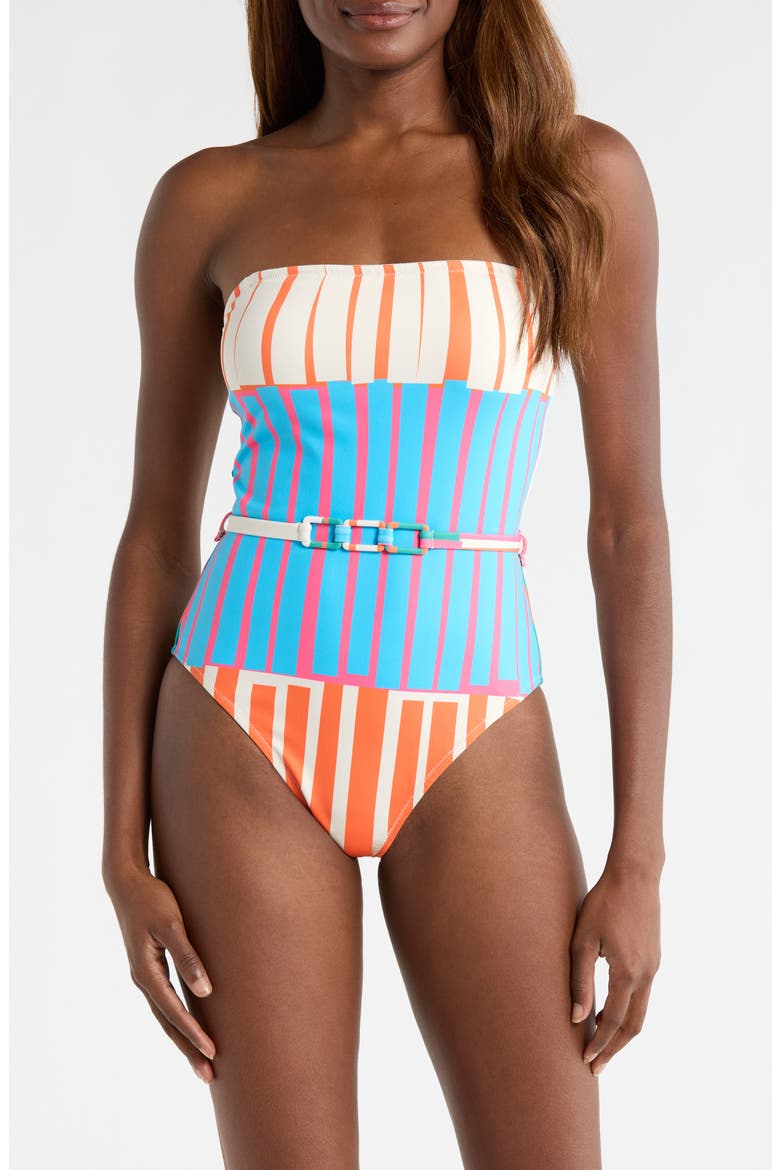 Chain Belt One-Piece Swimsuit, Main, color, FUCHSIA STRIPES