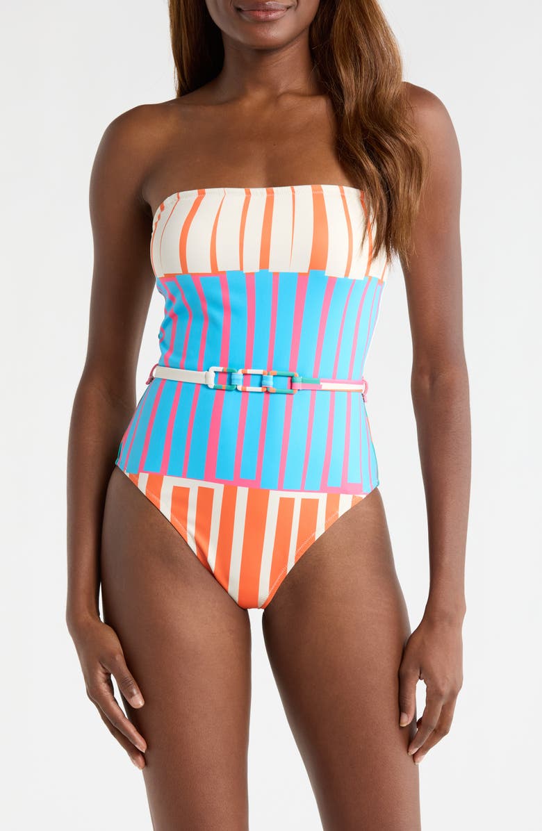 Hutch Chain Belt One-Piece Swimsuit, Main, color, Fuchsia Stripes