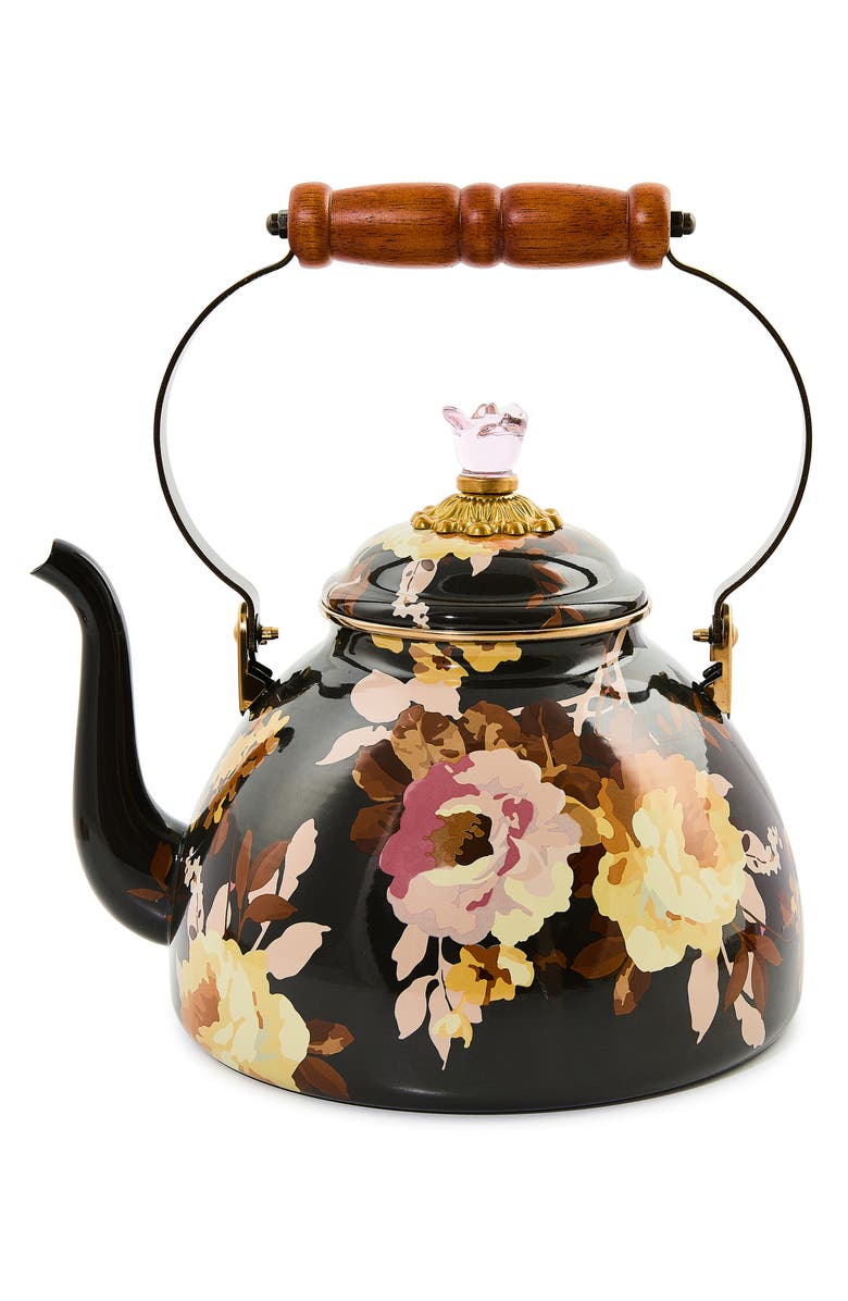 MACKENZIE CHILDS Wild Rose Brown Enameled Steel 3-Quart Tea Kettle, Main, color, Brown