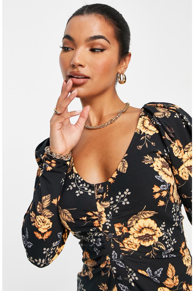 Floral Long Sleeve Stretch Cotton Ruched Jersey Dress, Alternate, color, BLACK