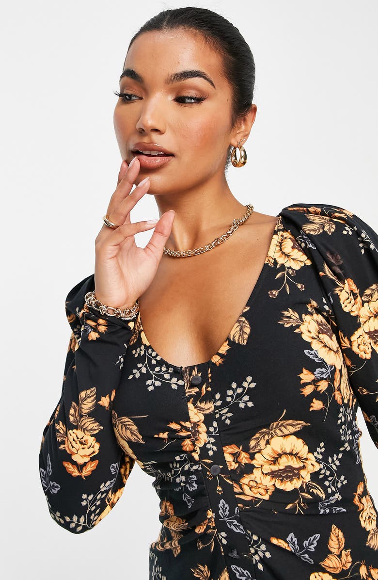 ASOS DESIGN Floral Long Sleeve Stretch Cotton Ruched Jersey Dress, Alternate, color, 