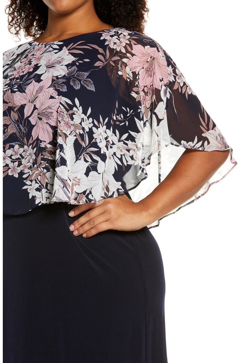 Floral Overlay Cape Dress, Alternate, color, NAVY/ MAUVE
