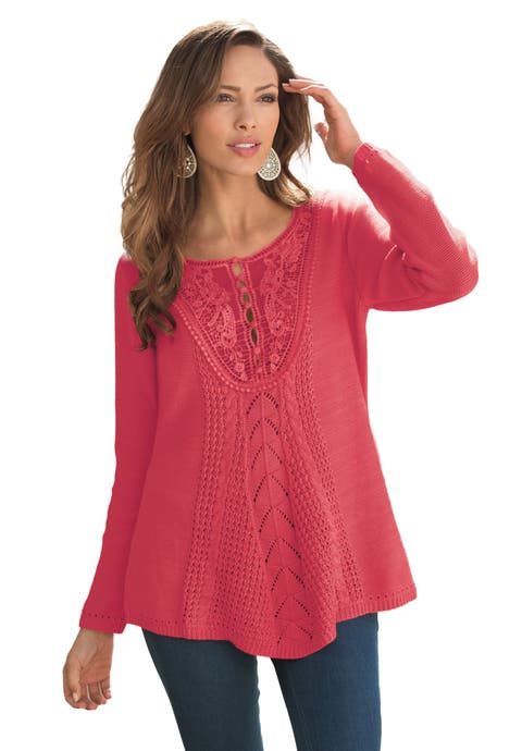 Plus Size Lace Yoke Pullover Sweater