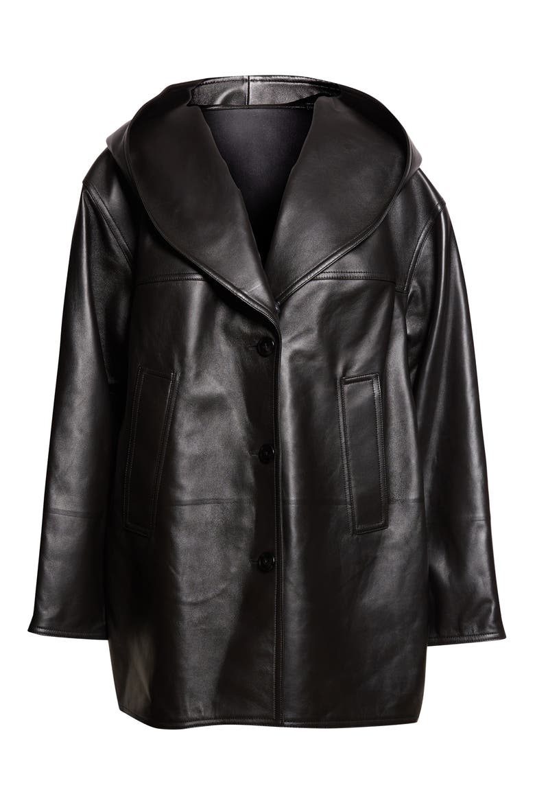 Hooded Leather Coat, Main, color, NOIR ALAIA
