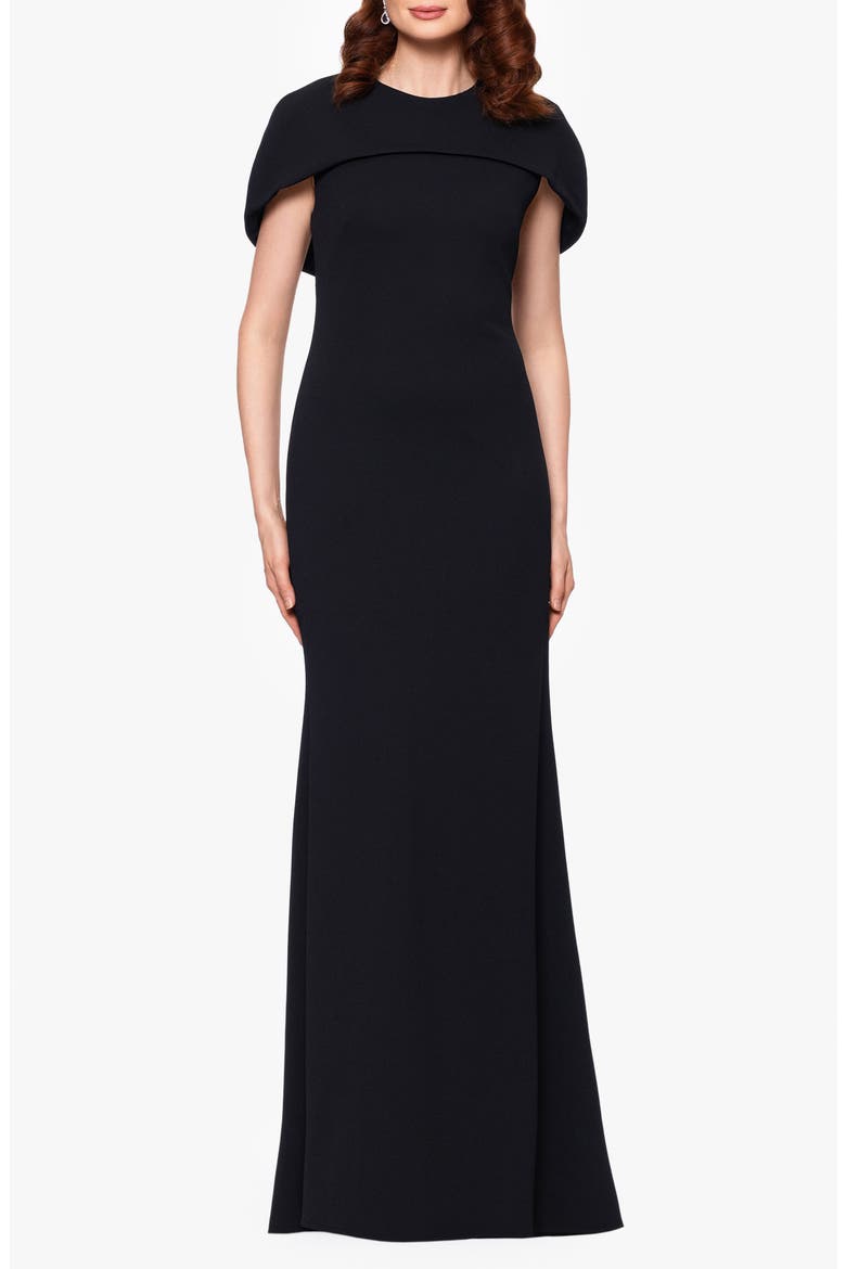 Cape Short Sleeve Scuba Crepe Gown, Alternate, color, BLACK