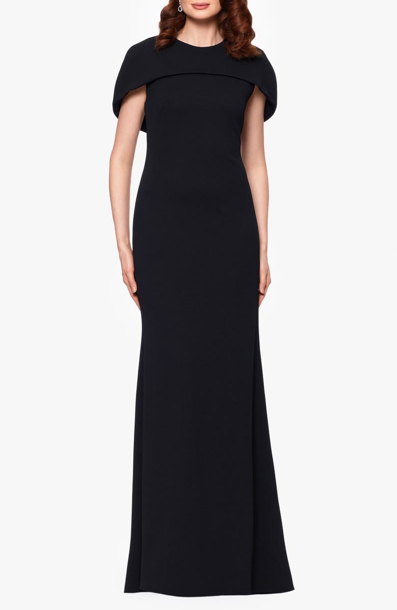 Betsy & Adam Cape Short Sleeve Scuba Crepe Gown, Alternate, color, Black