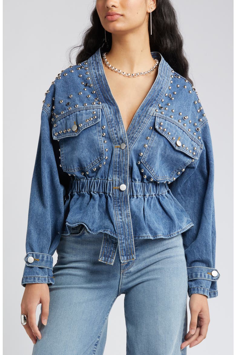 Alina Stud Peplum Denim Jacket, Alternate, color, BLUE