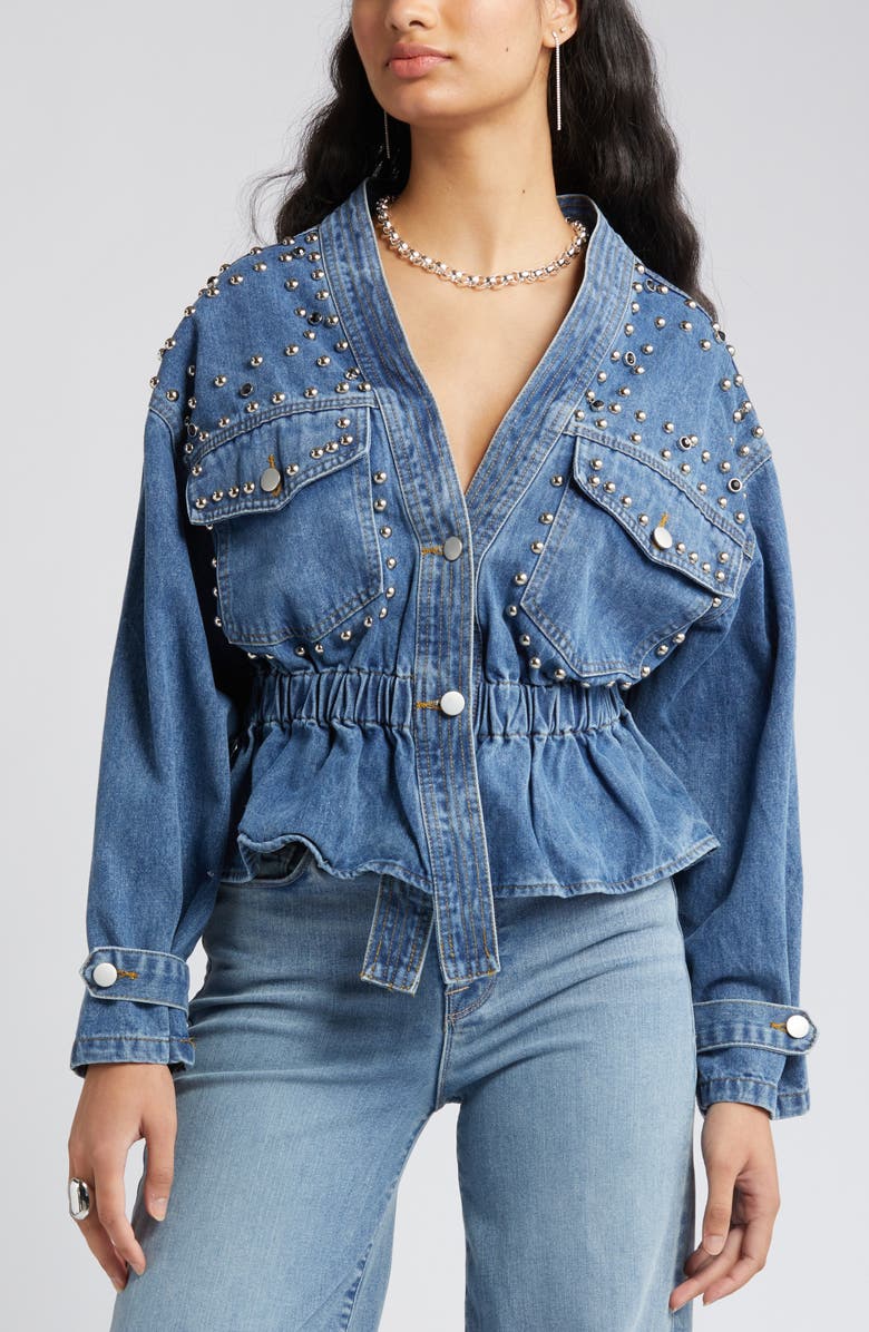 NIKKI LUND Alina Stud Peplum Denim Jacket, Alternate, color, Blue