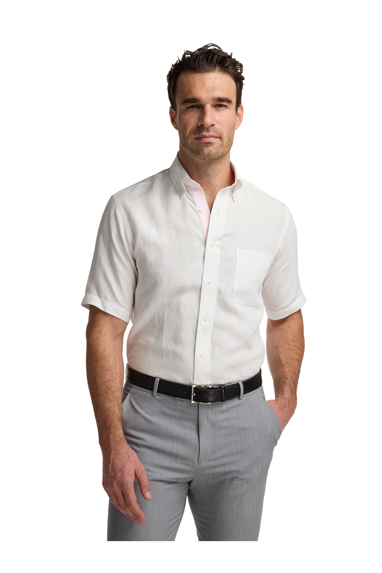 Linen Buttondown Collar Poplin Classic Contrast Trim Hemmed Sleeve Short Sleeve Shirt, Alternate, color, White