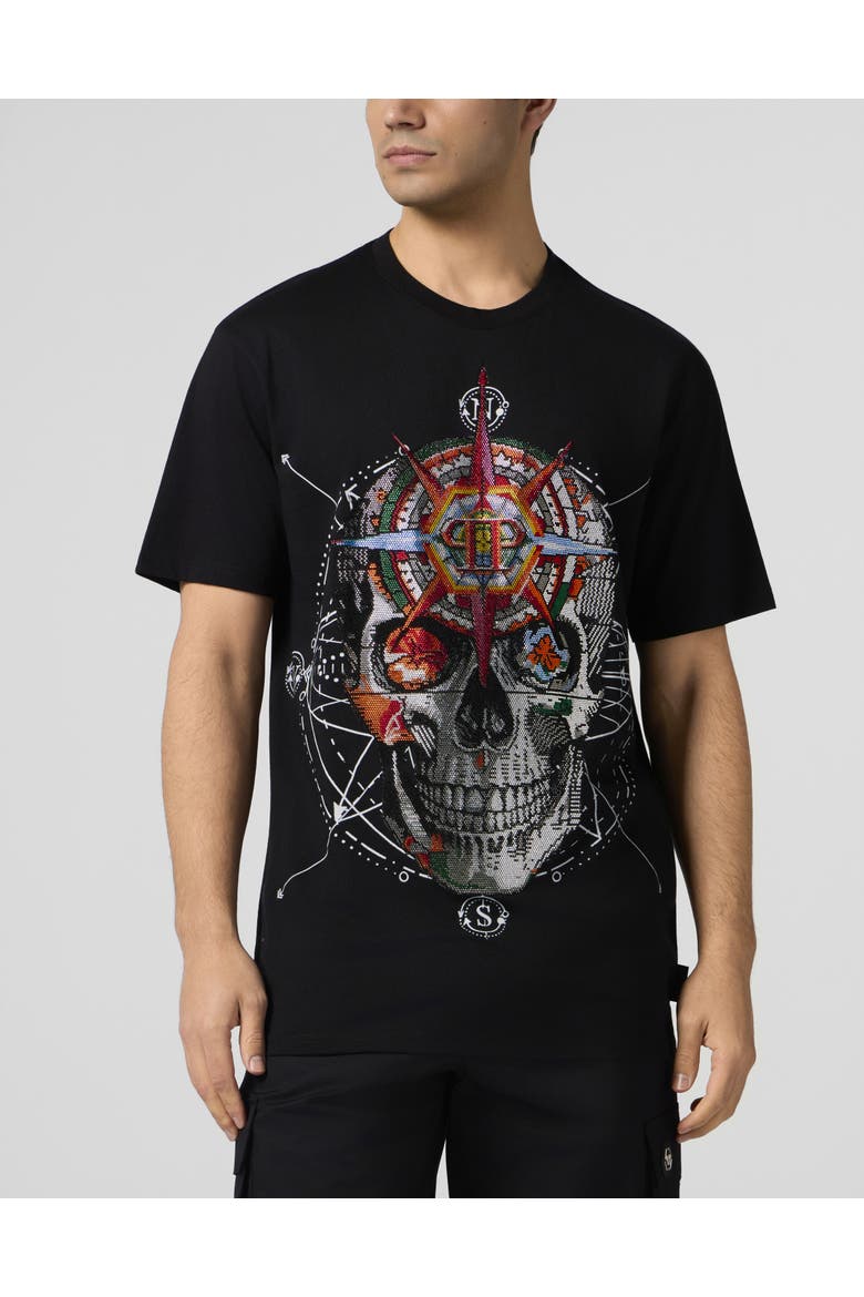 Round Neck T-shirt Wind Rose Skull Stones Men, Main, color, black