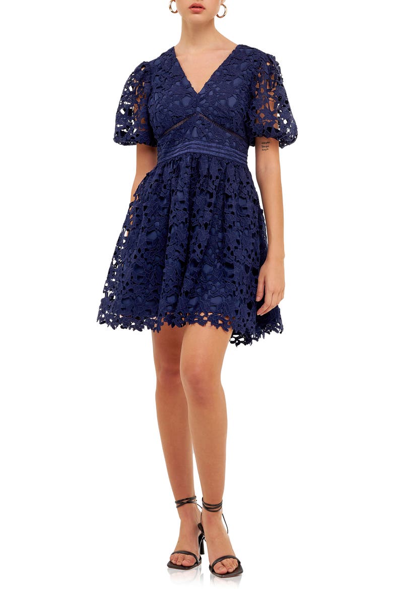 Puff Sleeve Lace Minidress, Alternate, color, NAVY