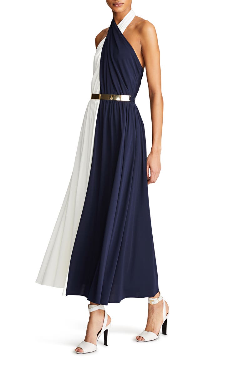 Sondra Colorblock Jersey Halter Dress, Alternate, color, CHALK/ NAVY