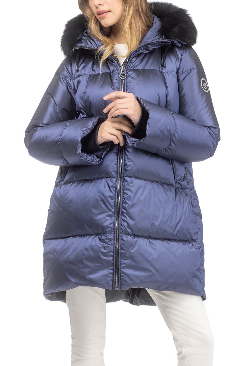 Apres-Ski Horizontal Jacket With Detachable Genuine Shearling Hood Trim, Alternate, color, OCEAN BLUE/BLACK