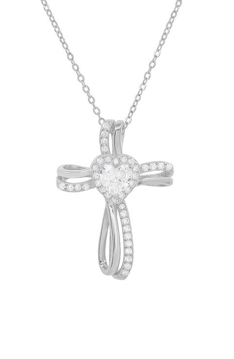 Sterling Silver CZ Heart Cross Pendant Necklace