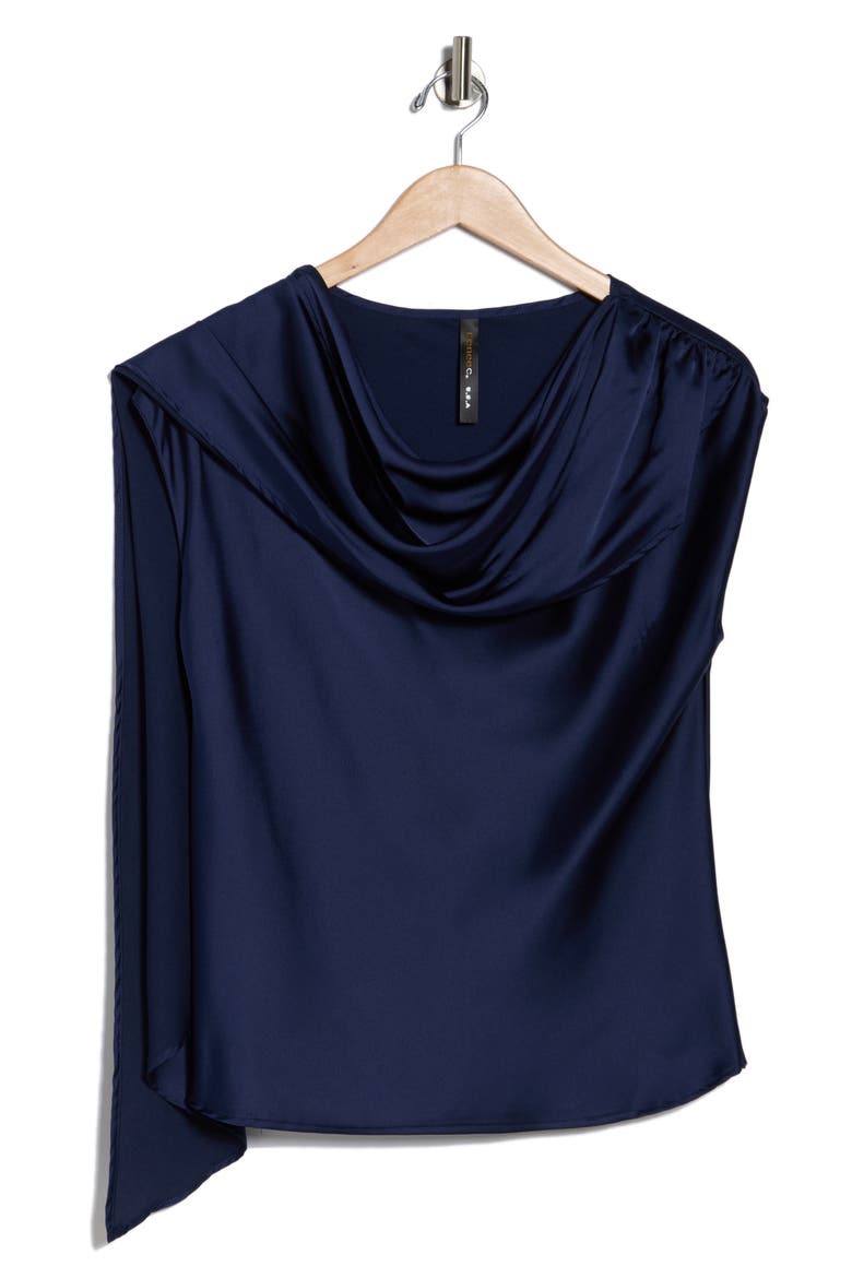Cap Sleeve Satin Top with Scarf, Alternate, color, NAVY