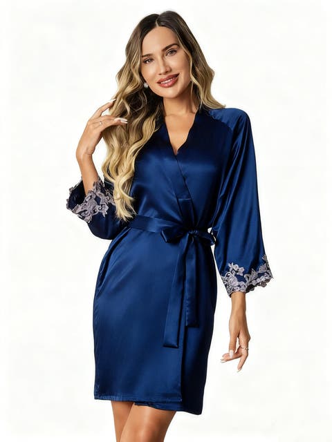 Pure Silk 3/4 Sleeves Belted Short Robe With Lace Design