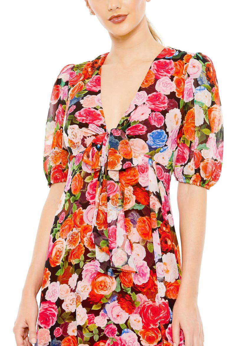 Floral Print Front Tie Puff Sleeve Flowy Midi Dress, Alternate, color, ROSE MULTI