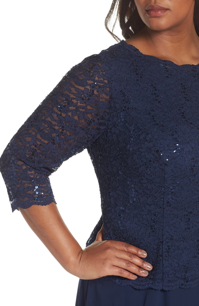 Alex Evenings Mock Two-Piece A-Line Gown, Alternate, color, Navy